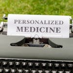 A vintage typewriter outdoors displaying a paper with the text 'Personalized Medicine'.
